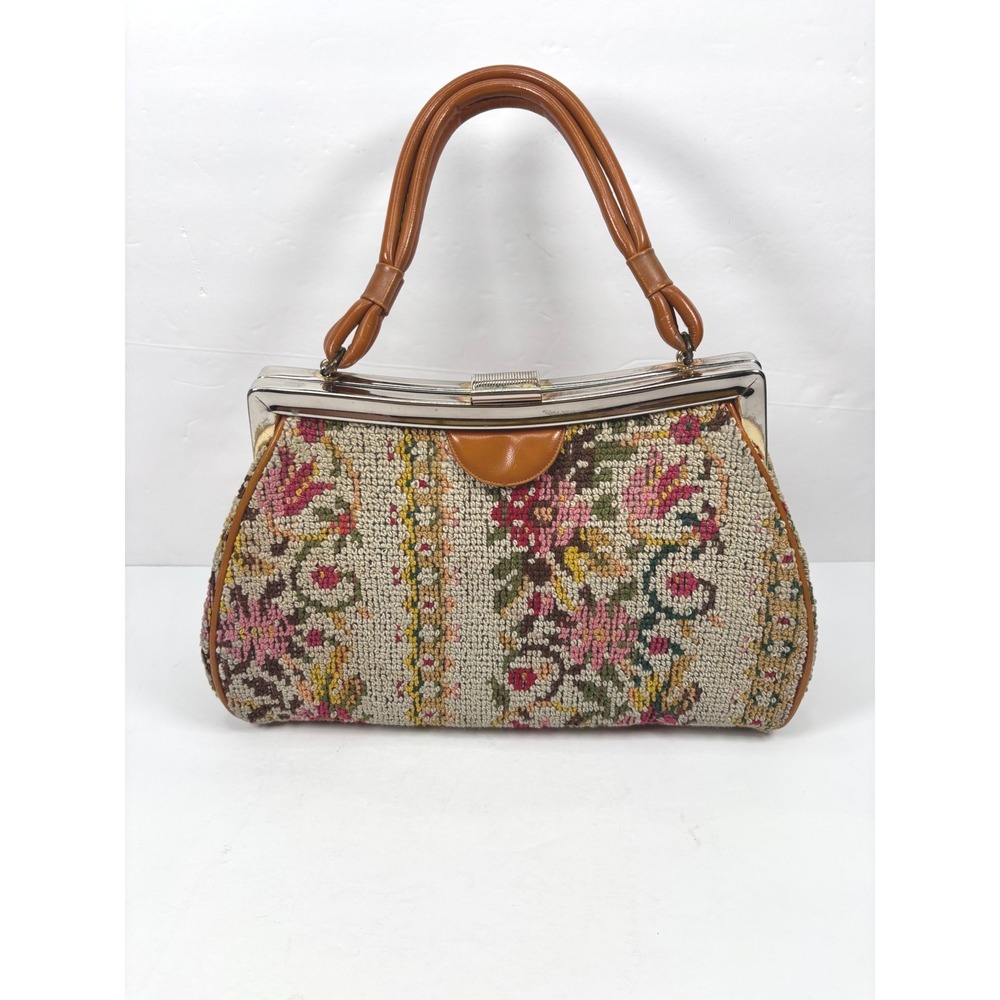 Vintage Medium Handbag Floral Tapestry Needlepoint Top Handle Cottage Grandma